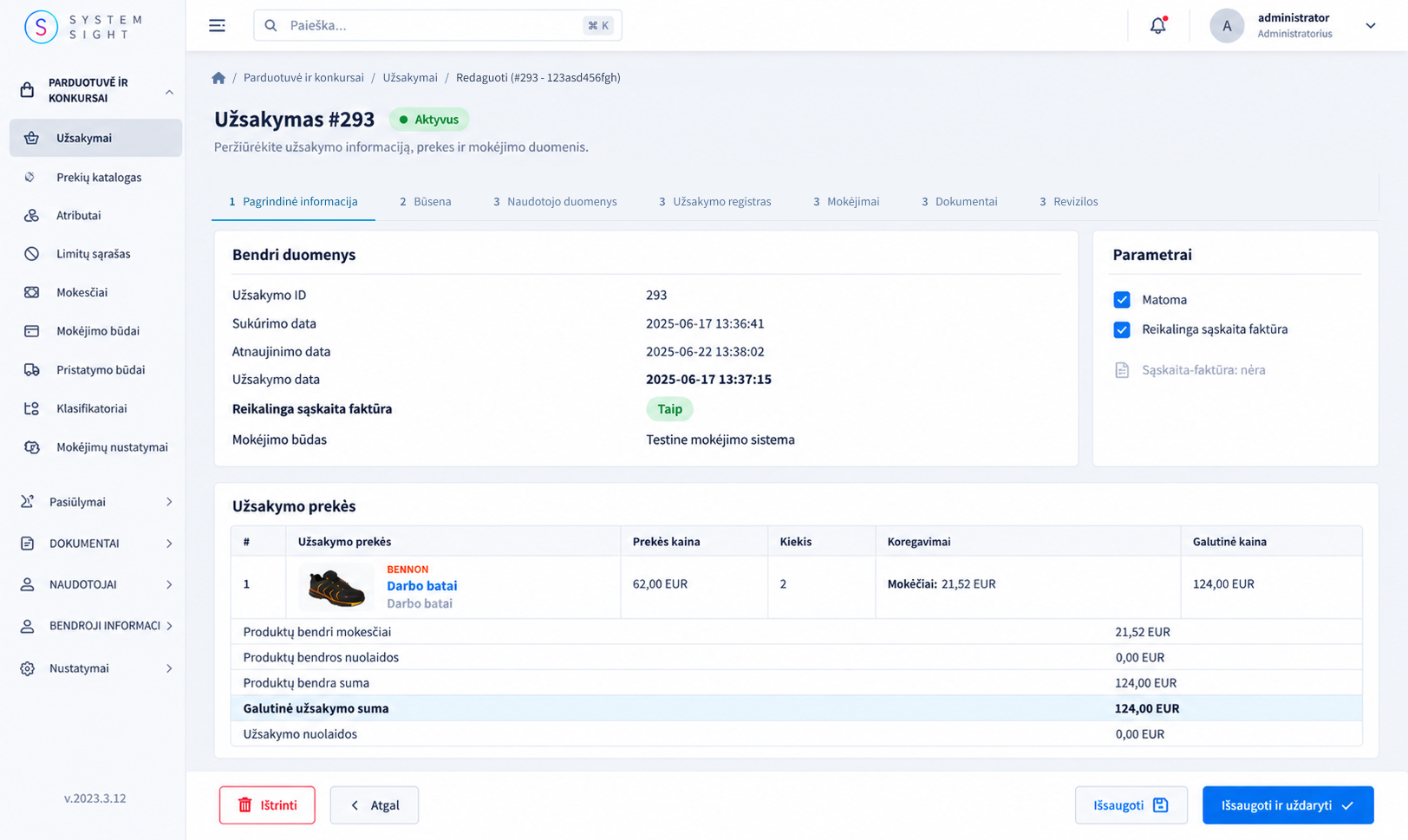 Administravimo sistemos užsakymo peržiūros ekranas, kuriame pateikiama užsakymo informacija, būsena, parametrai, prekių sąrašas, kainos ir pagrindiniai valdymo veiksmai.